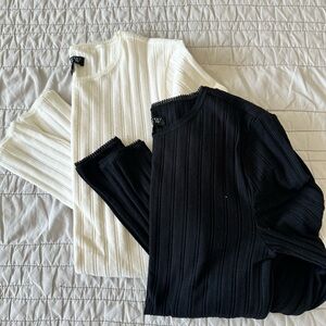 J. Crew Pointelle Ribbed Crewneck Long Sleeve Tee - Black & White